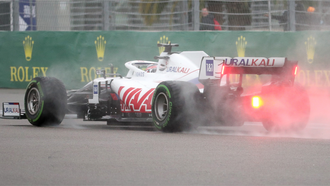 Image of Mazepin driving in the rain